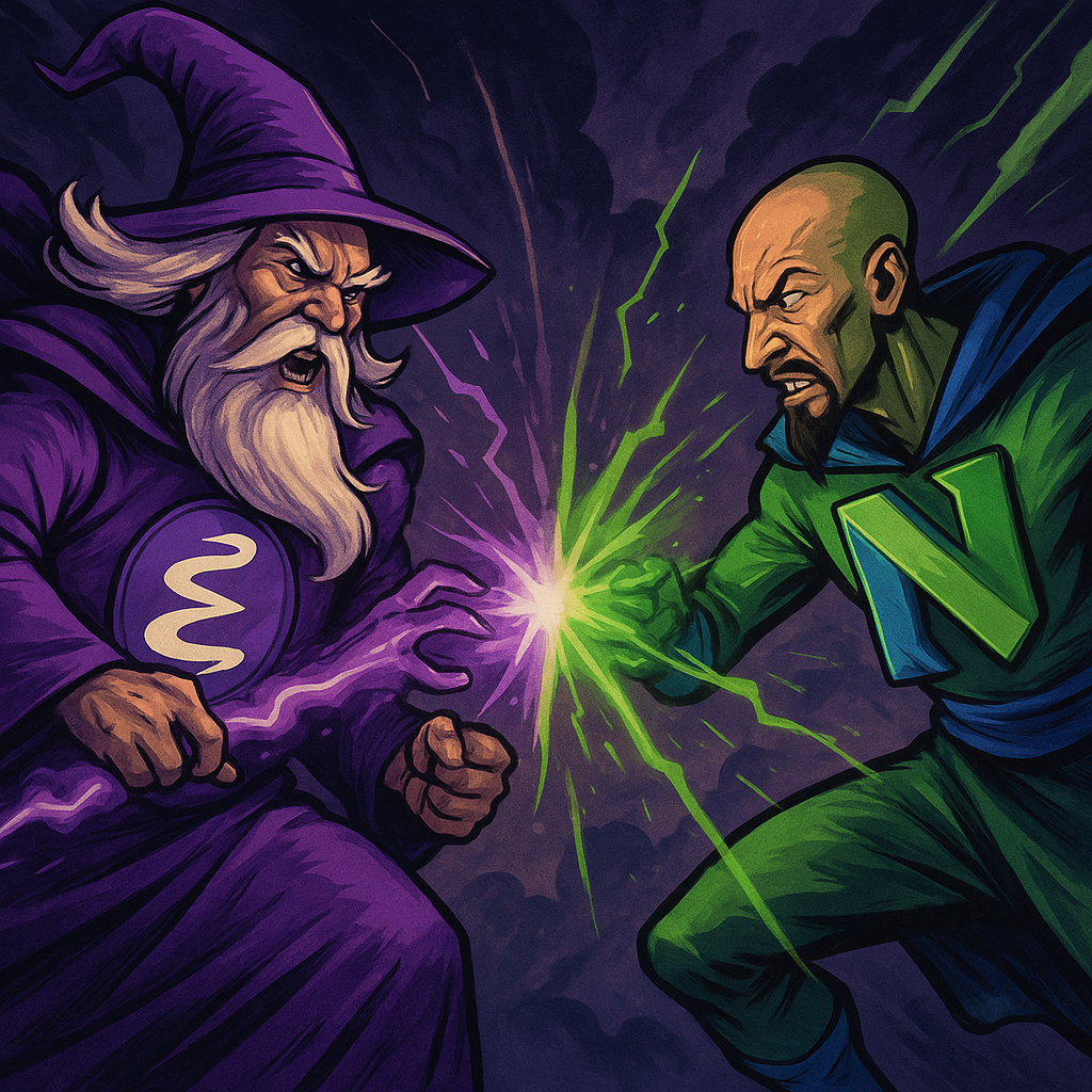 An AI generated image of a purple Emacs wizard in a gruelling battle with a green Neovim sorcerer. Chat GPT Prompt was generate an image that represents Emacs vs Neovim. Emacs is a purple wizard with a long white beard and hair. Neovim is a green sorcerer blue accessories, has a bald head and a goatee. The two are engaged in a magical battle. Use the colors provided in their logos that are attached to this prompt