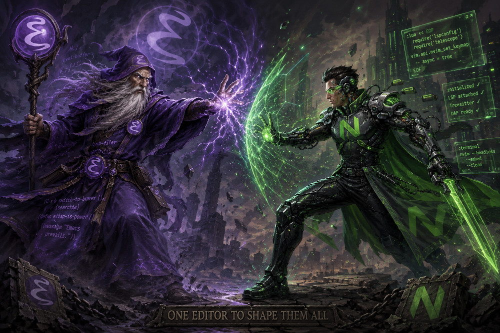 An AI image of a grizzled Emacs wizard battling a cybernetically enhanced Neovim